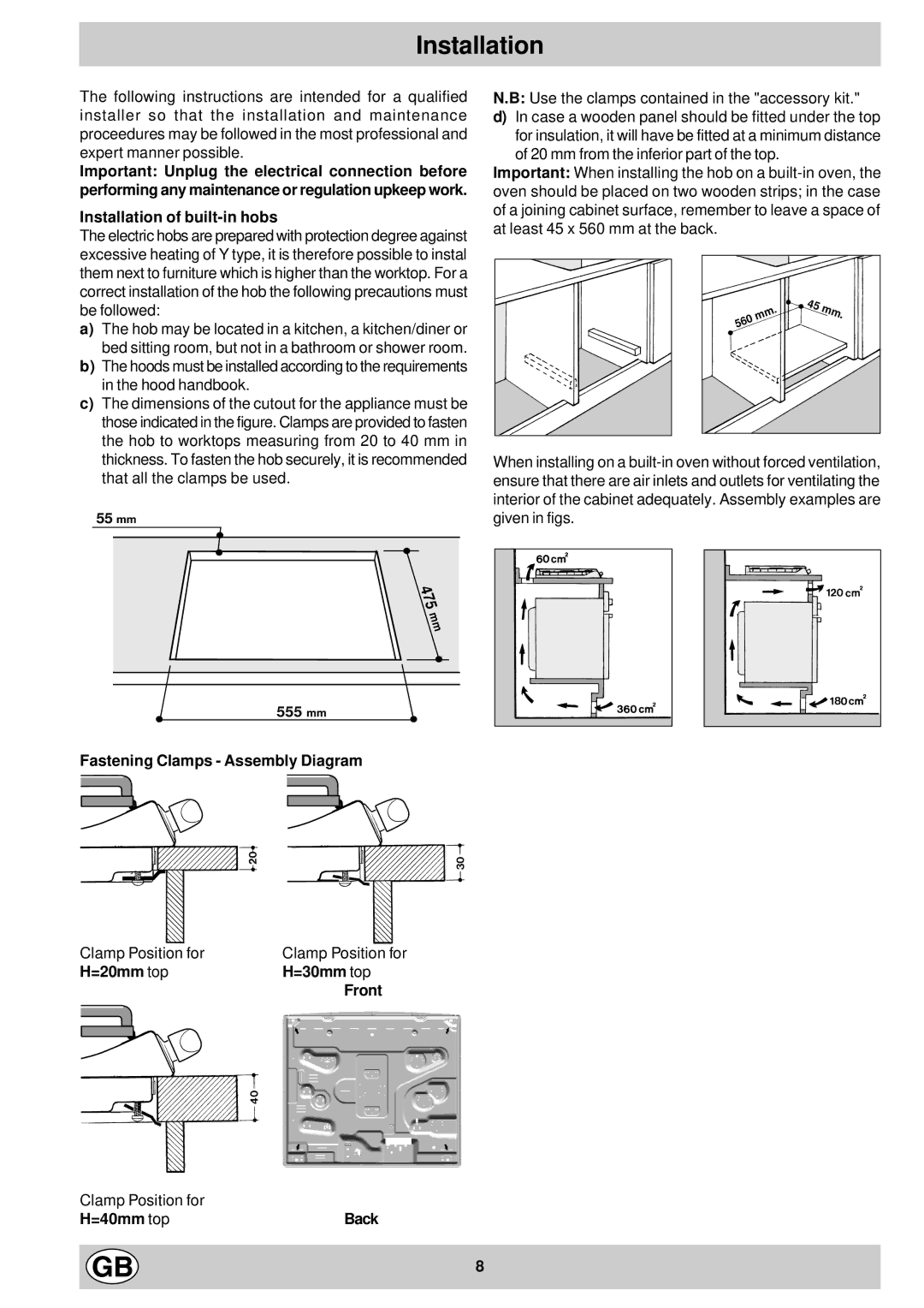 Creda S710E Installation of built-in hobs, Fastening Clamps Assembly Diagram, =20mm top =30mm top Front, =40mm top 