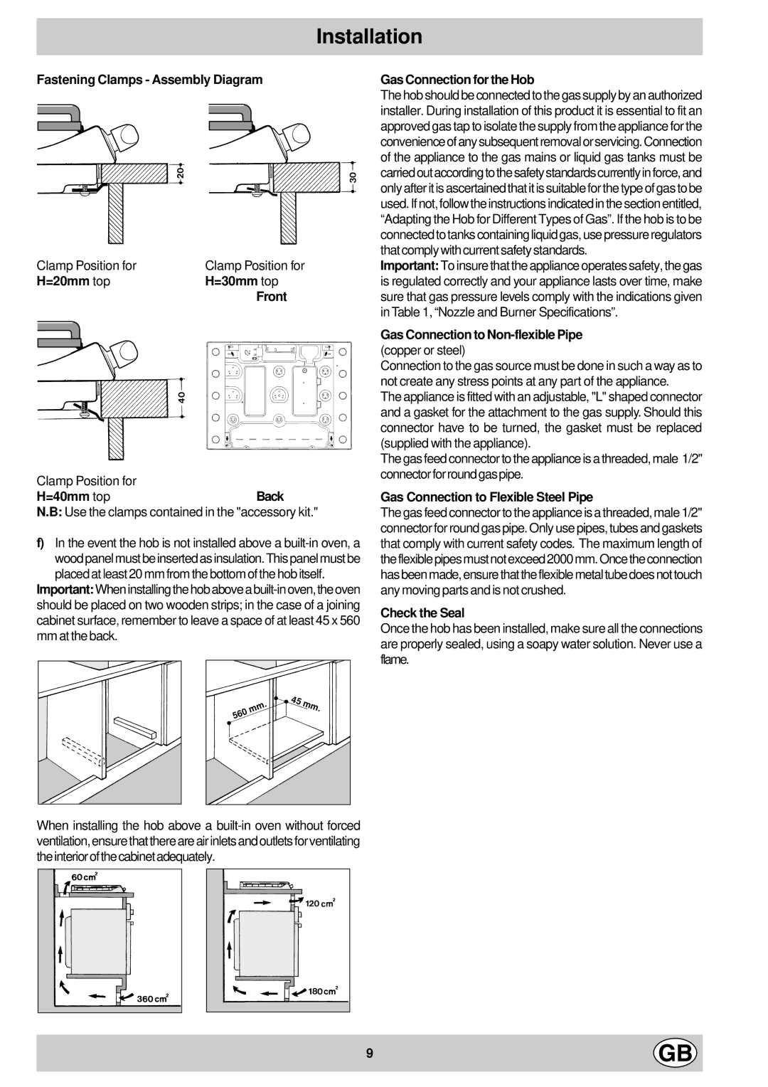 Creda S860G manual Fastening Clamps Assembly Diagram, =20mm top =30mm top Front, =40mm topBack, Gas Connection for the Hob 