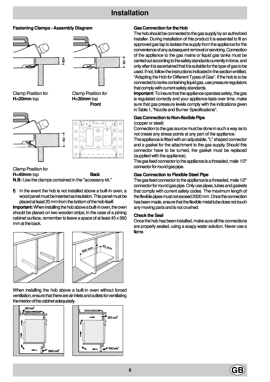 Creda S860G manual Installation, Fastening Clamps - Assembly Diagram, H=20mm top, H=30mm top, Front, H=40mm topBack 
