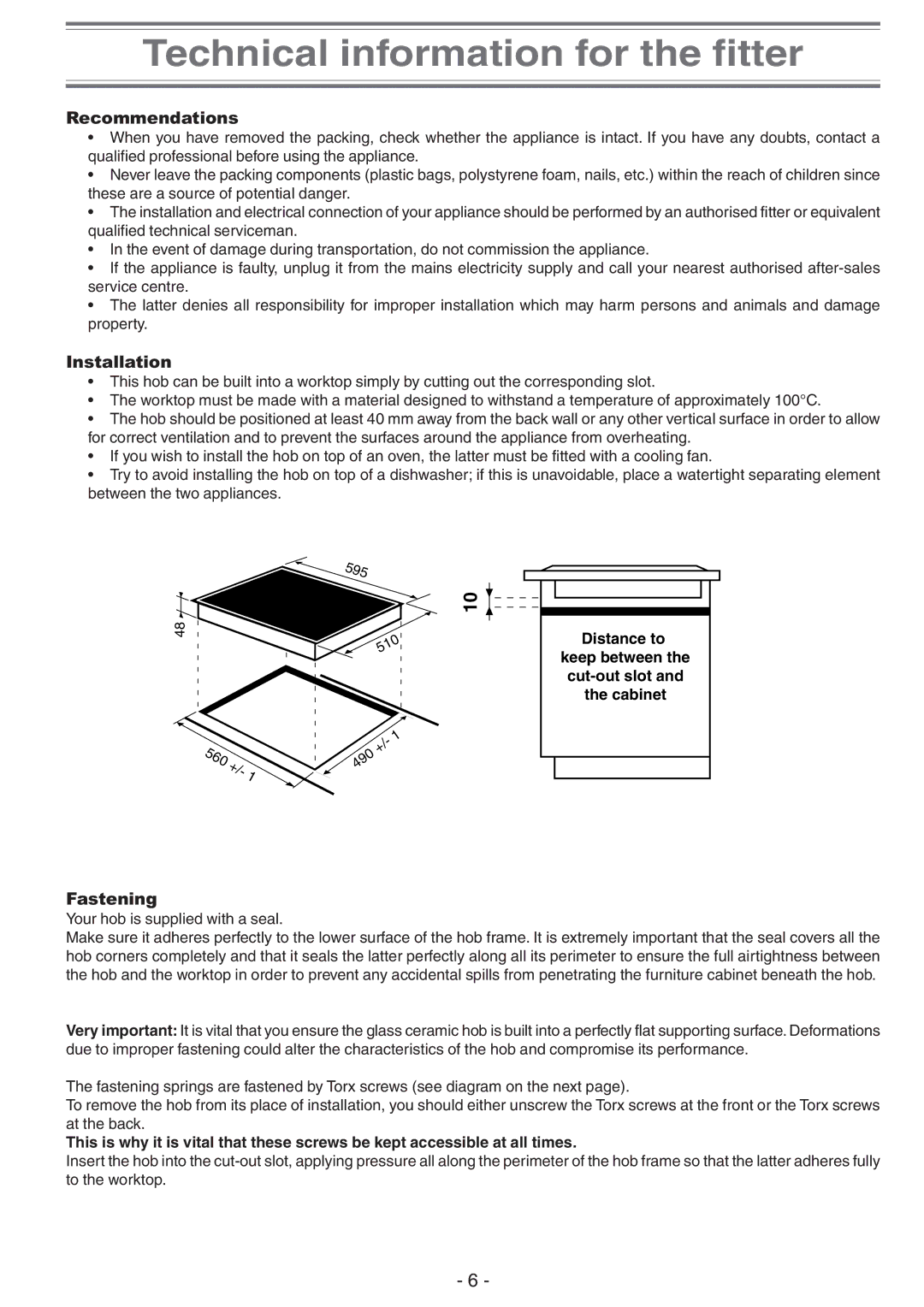 Creda S911E manual Technical information for the fitter, Recommendations 