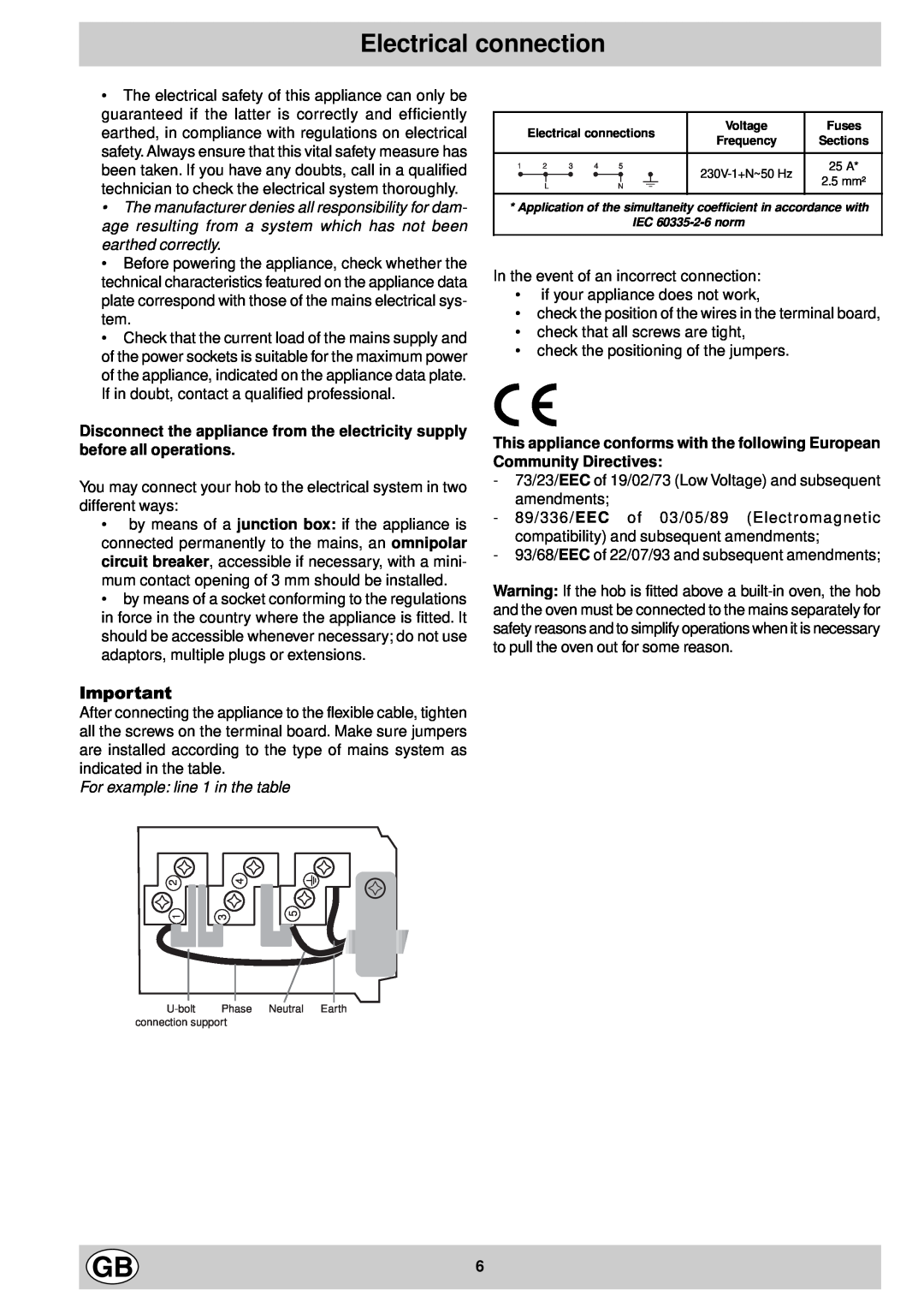 Creda S912E manual Electrical connection, For example line 1 in the table 