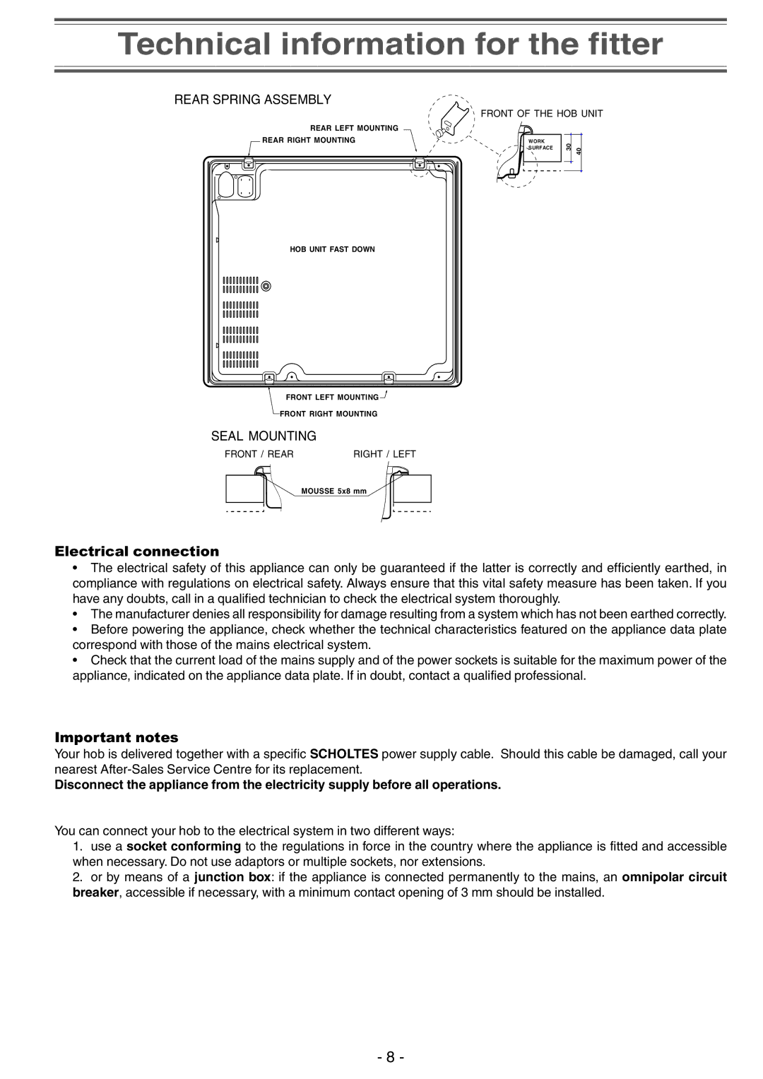 Creda S930E manual Electrical connection, Important notes 