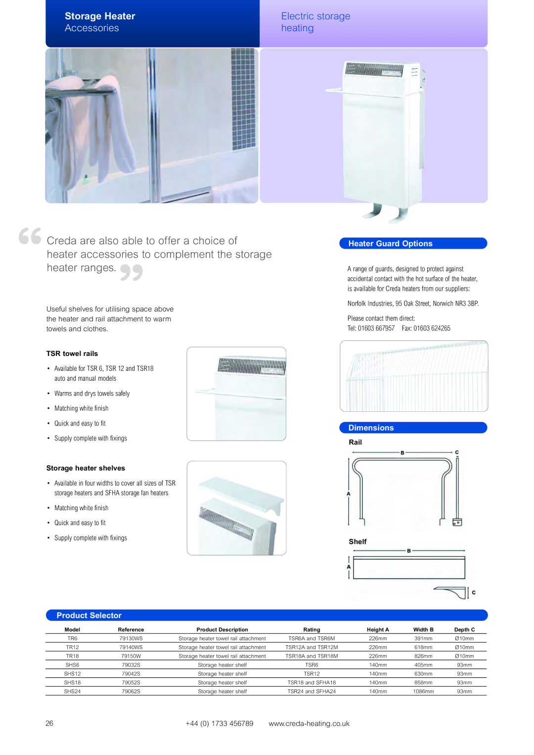 Creda SFH18AW, SFH24AW dimensions Heater Guard Options, TSR towel rails, Storage heater shelves, Rail Shelf 