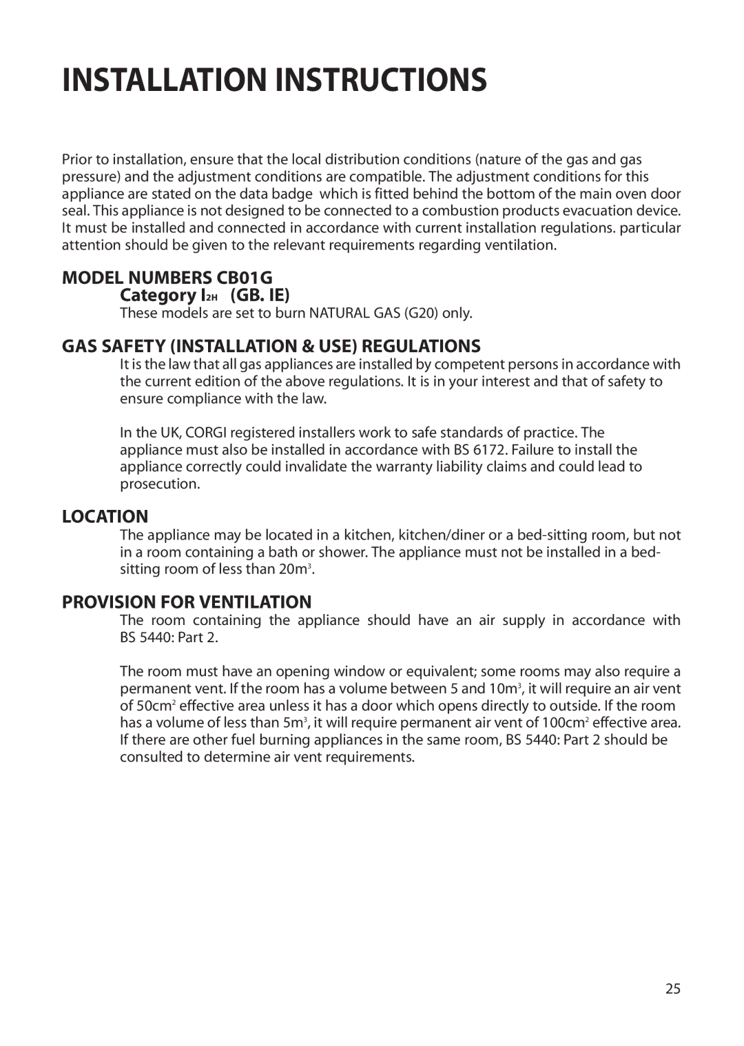 Creda Single Oven Installation Instructions, Model Numbers CB01G, GAS Safety Installation & USE Regulations, Location 