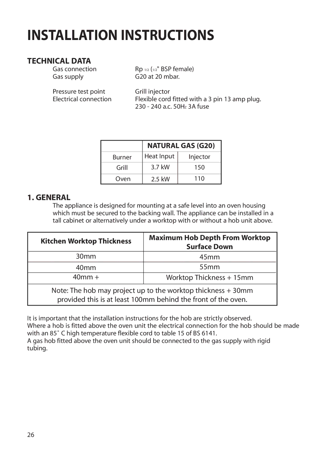 Creda Single Oven manual Technical Data, General 