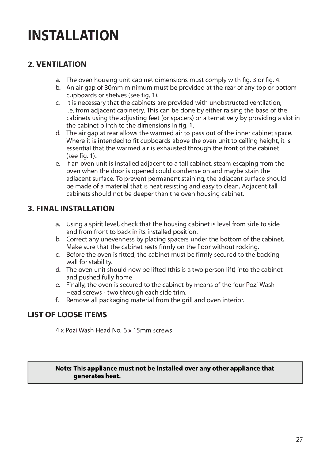 Creda Single Oven manual Ventilation, Final Installation, List of Loose Items 