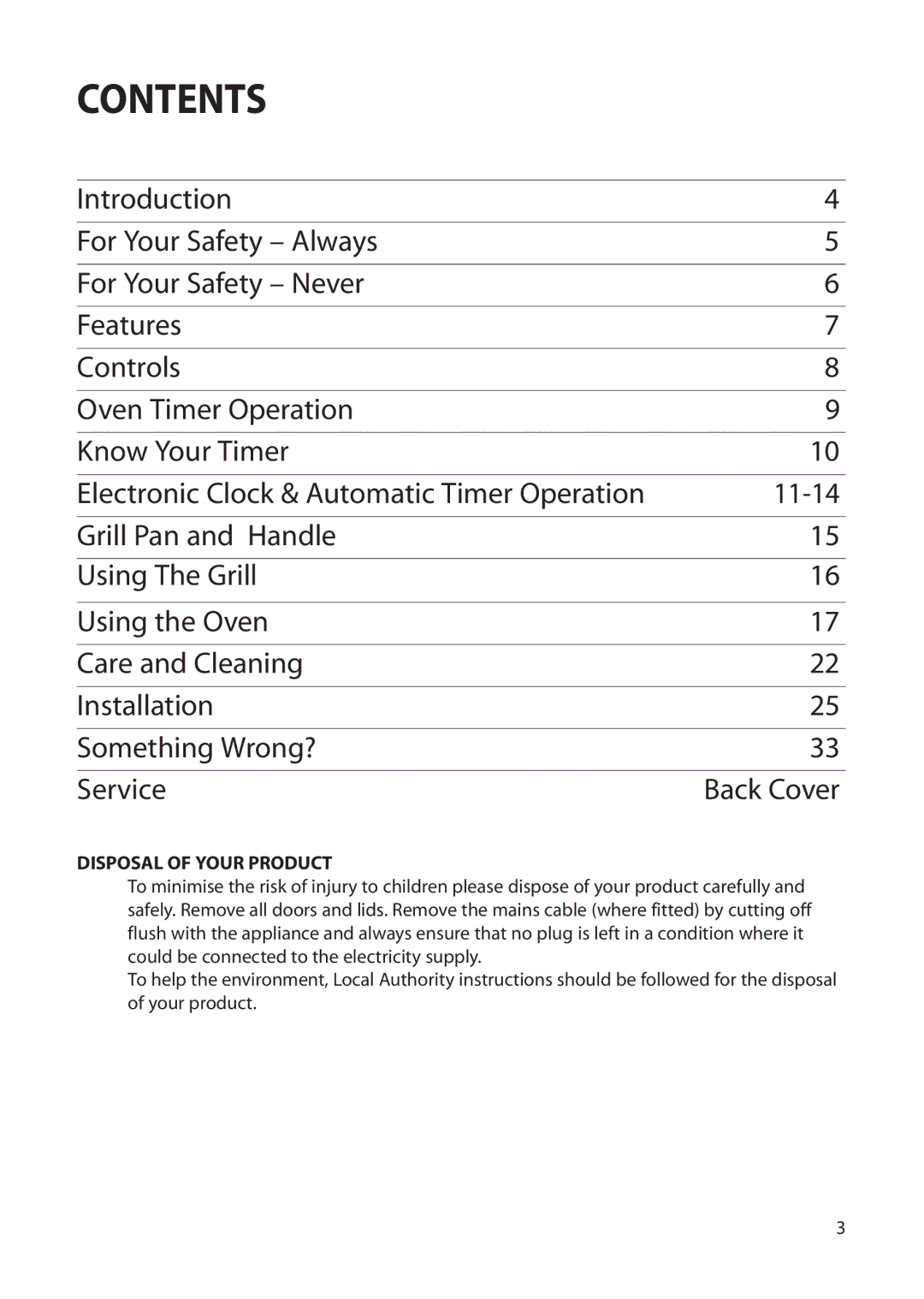 Creda Single Oven manual Contents 