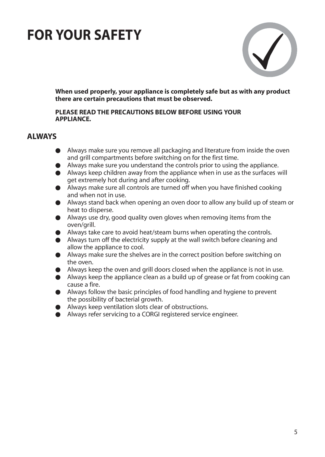 Creda Single Oven manual For Your Safety, Always 