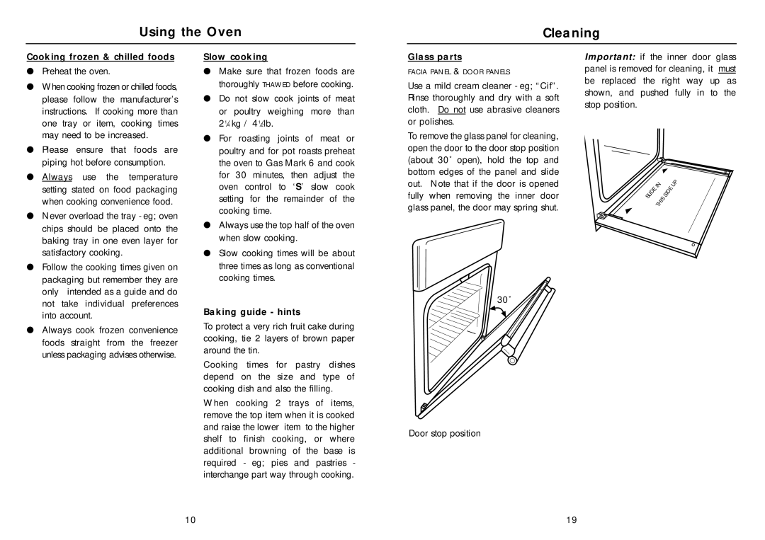 Creda SO11GW manual Using the Oven Cleaning, Cooking frozen & chilled foods, Slow cooking, Glass parts, Baking guide hints 