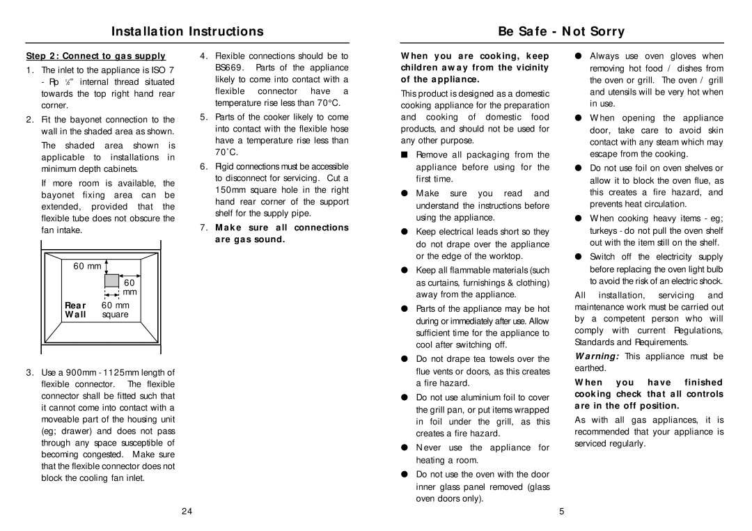 Creda SO11GB, SO11GW manual Installation Instructions Be Safe Not Sorry, Connect to gas supply, Rear, Wall 