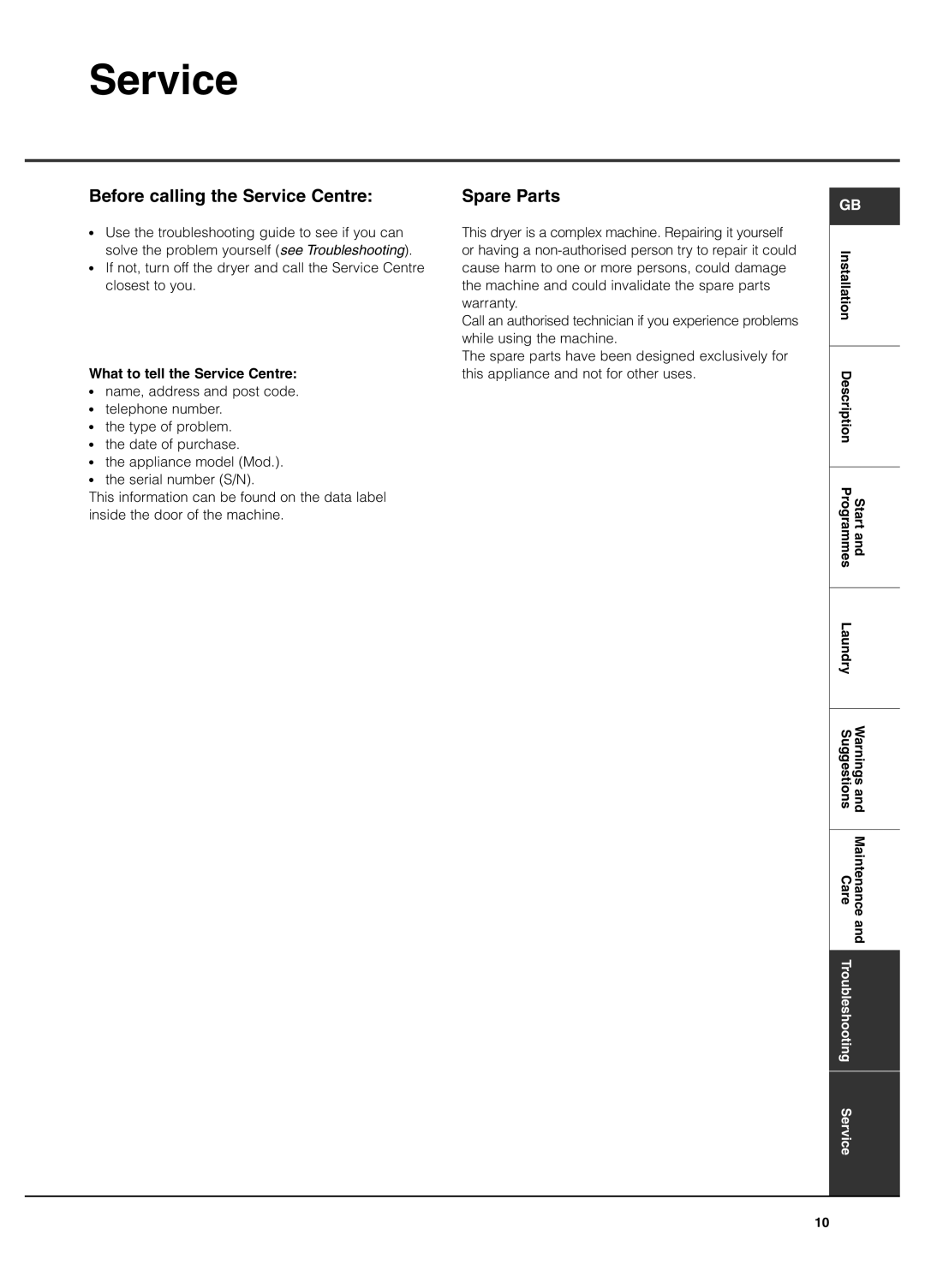 Creda TCR2 manual Before calling the Service Centre, Spare Parts, What to tell the Service Centre 