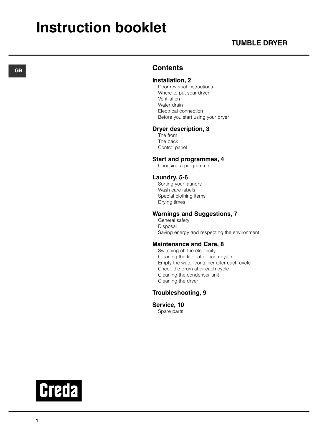 Creda TCR2 manual Instruction booklet, Tumble Dryer 