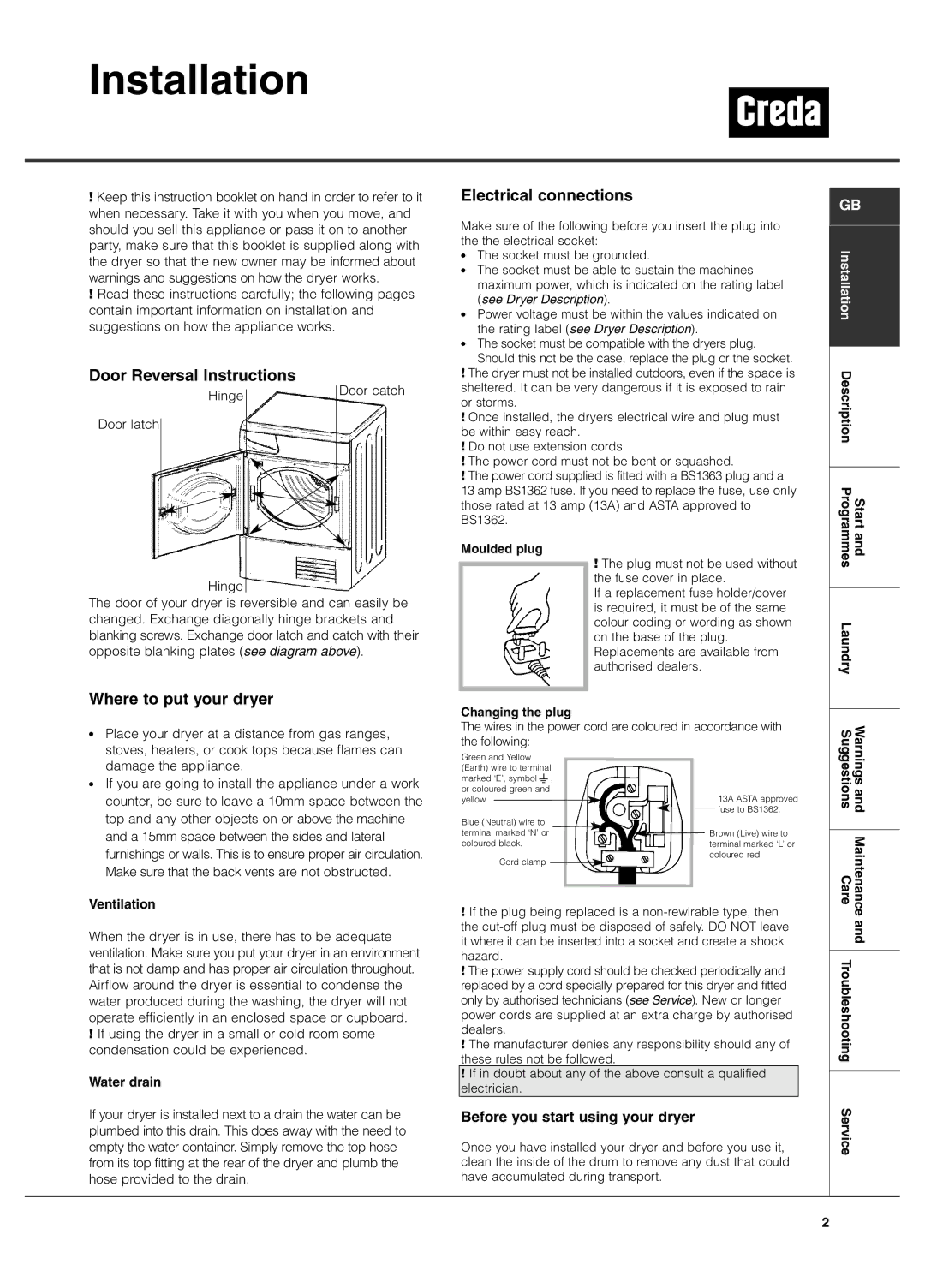 Creda TCR2 manual Installation, Before you start using your dryer 