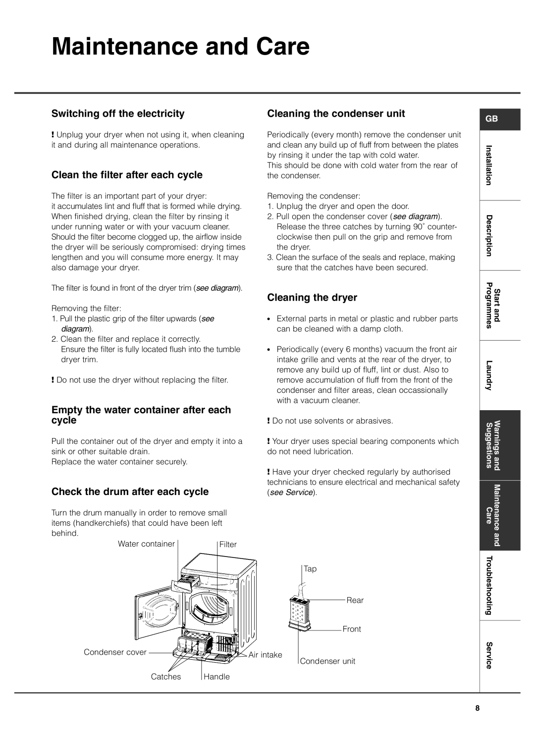 Creda TCR2 manual Maintenance and Care 