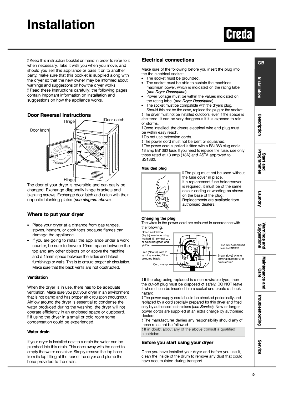 Creda TCR2 Installation, Door Reversal Instructions, Where to put your dryer, Electrical connections, Ventilation, Laundry 