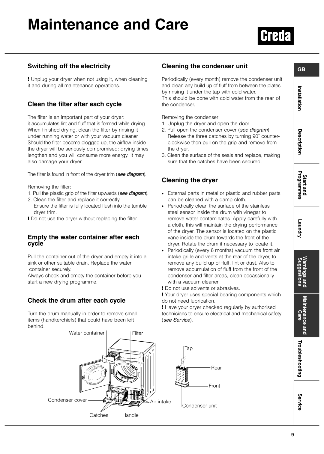 Creda TCS3 manual Maintenance and Care 