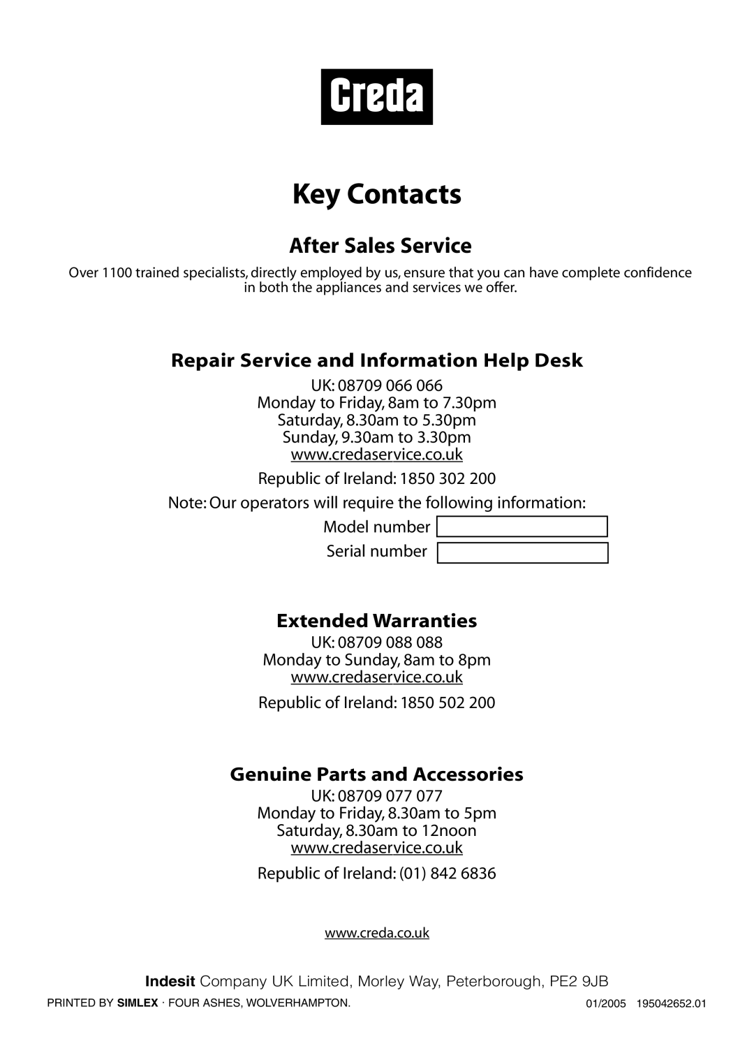 Creda TCS3 manual Key Contacts 