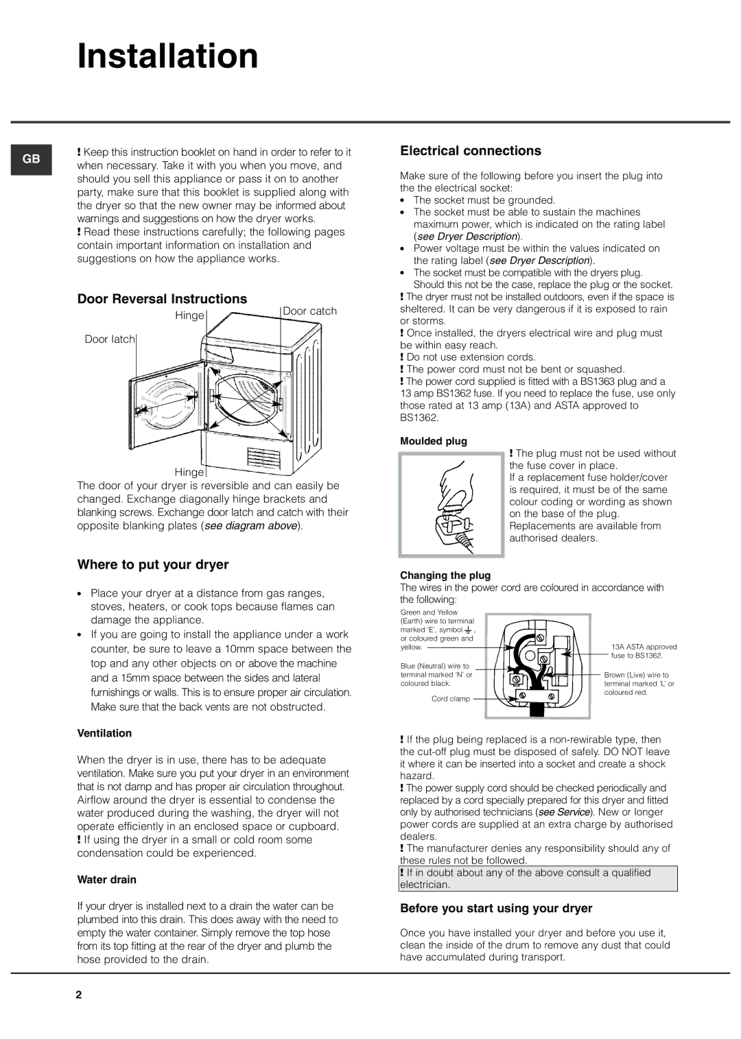 Creda TCS3 manual Installation, Before you start using your dryer 