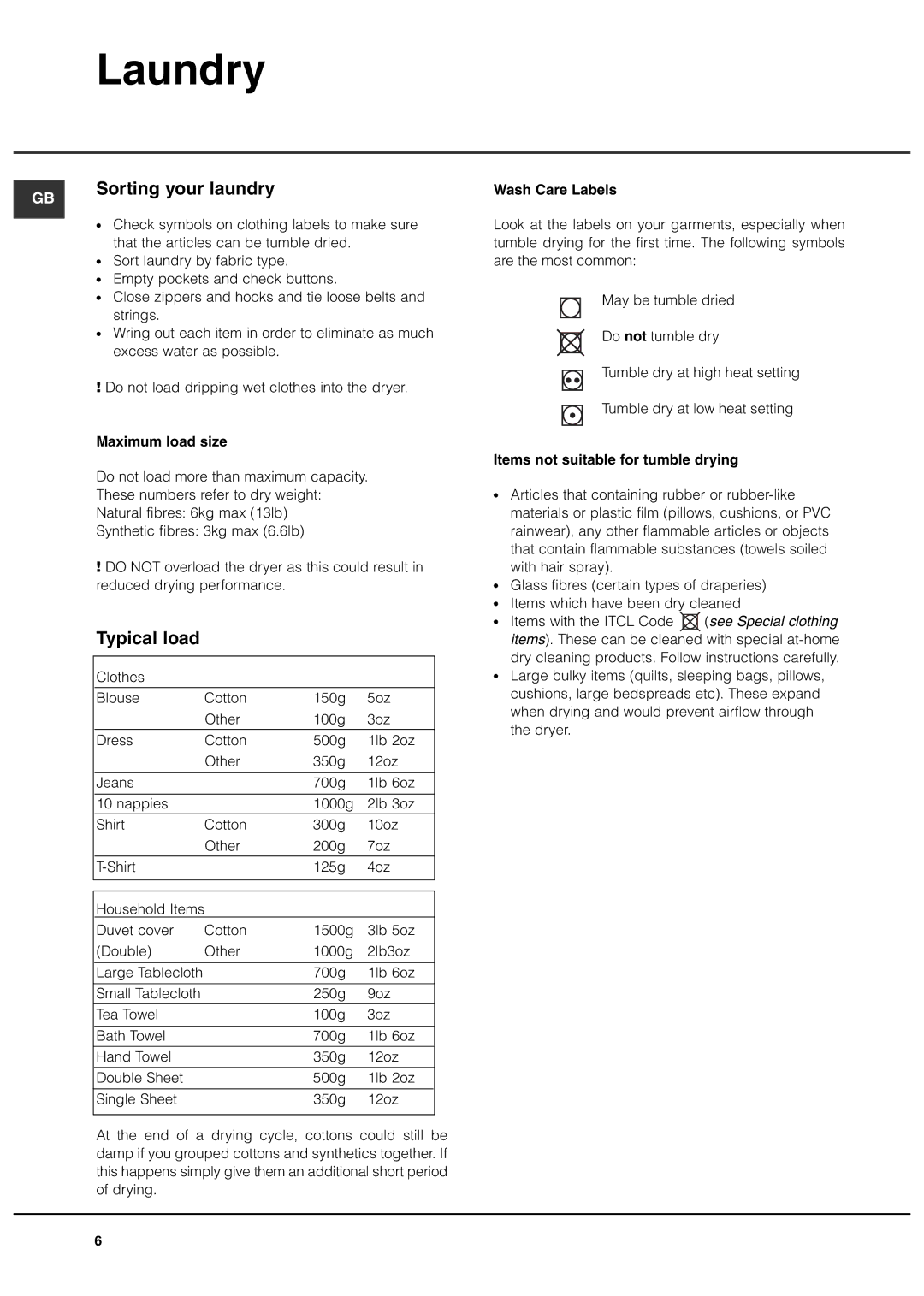 Creda TCS3 manual Laundry, Sorting your laundry, Typical load 