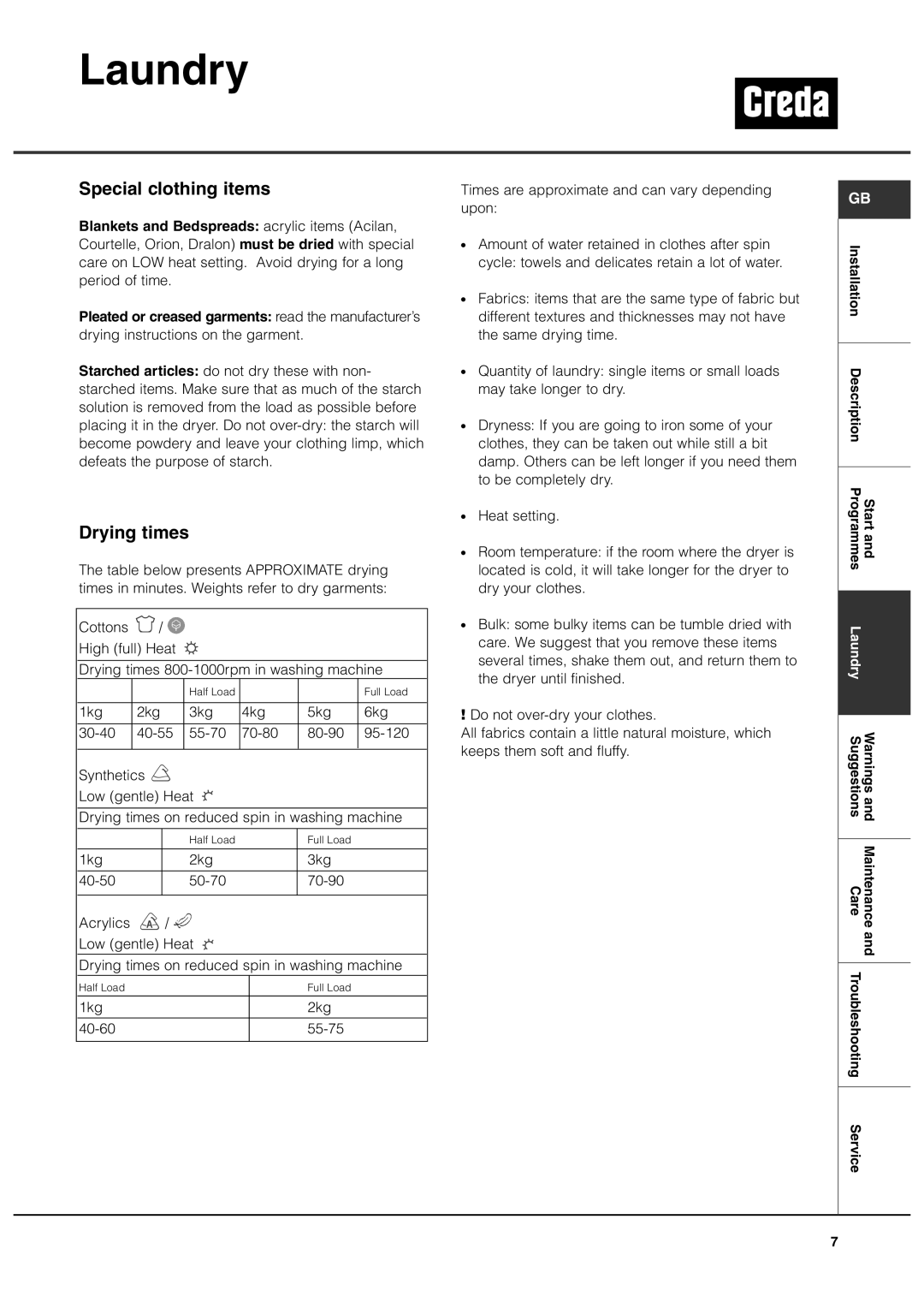 Creda TCS3 manual Special clothing items, Drying times 