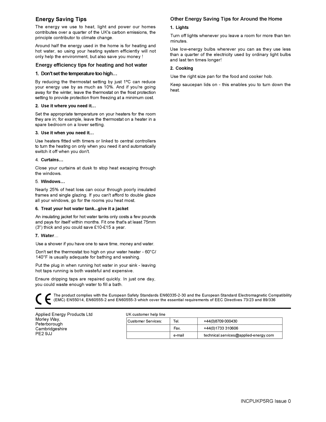 Creda TPR2-1000W, TPR2-1500W, TPR2-750W, TPR2-1250W, TPR2-2000W dimensions Other Energy Saving Tips for Around the Home 