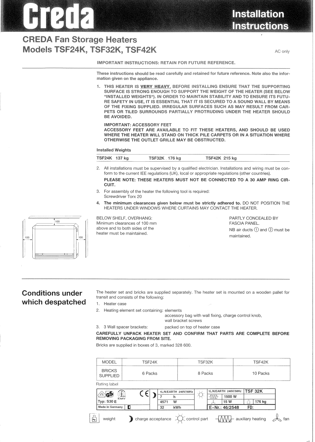 Creda TSF32K, TSF42K, TSF24K manual 