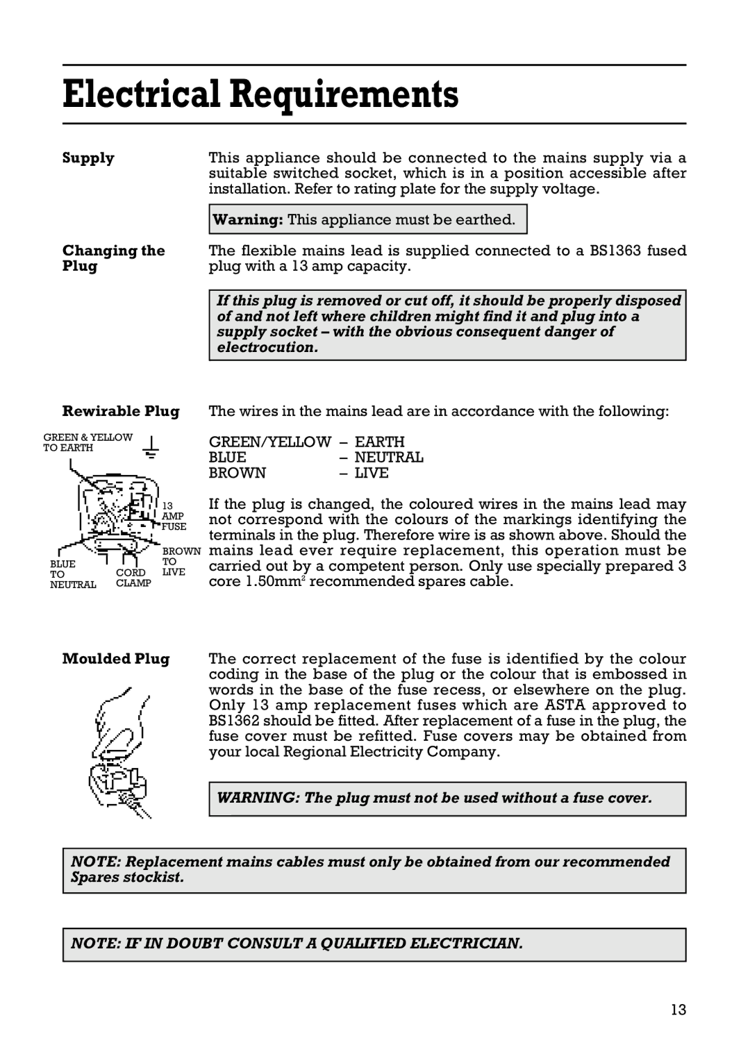 Creda Tumble Dryer manual Electrical Requirements, Rewirable Plug, Moulded Plug 