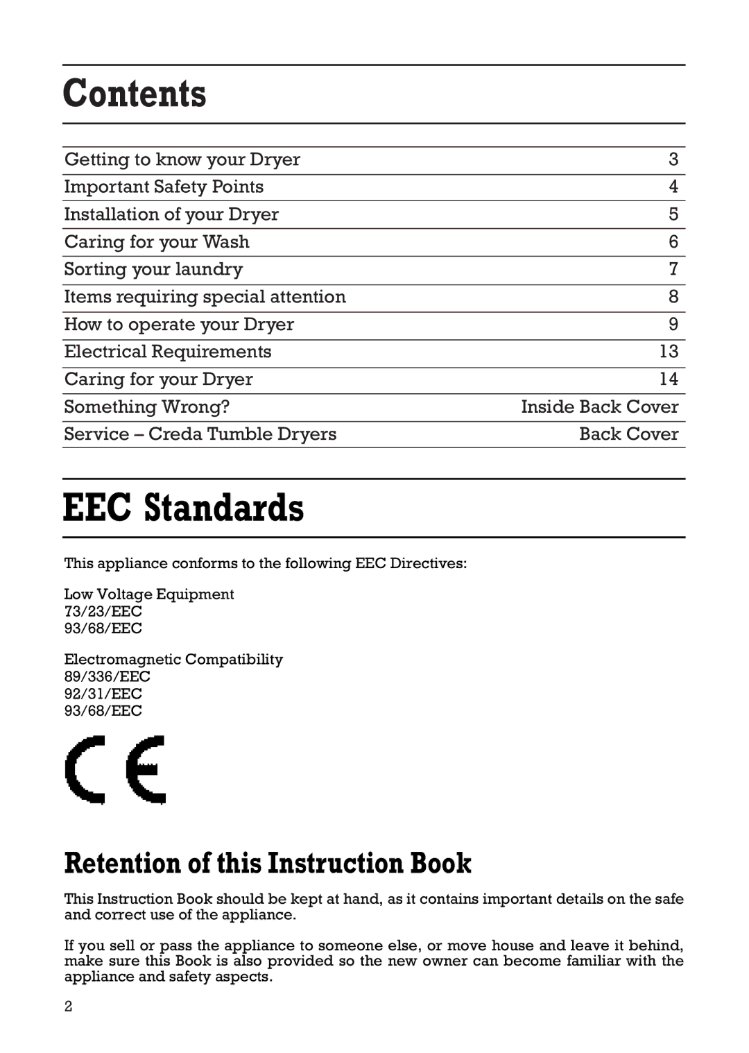 Creda Tumble Dryer manual Contents, EEC Standards 