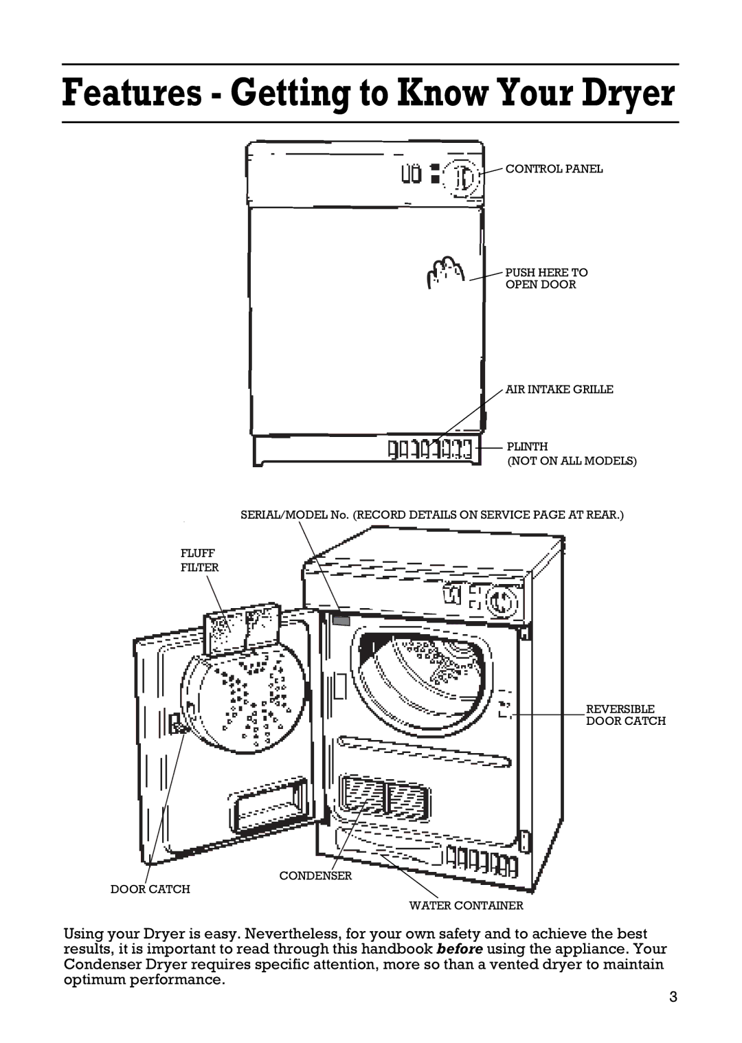 Creda Tumble Dryer manual Features Getting to Know Your Dryer 