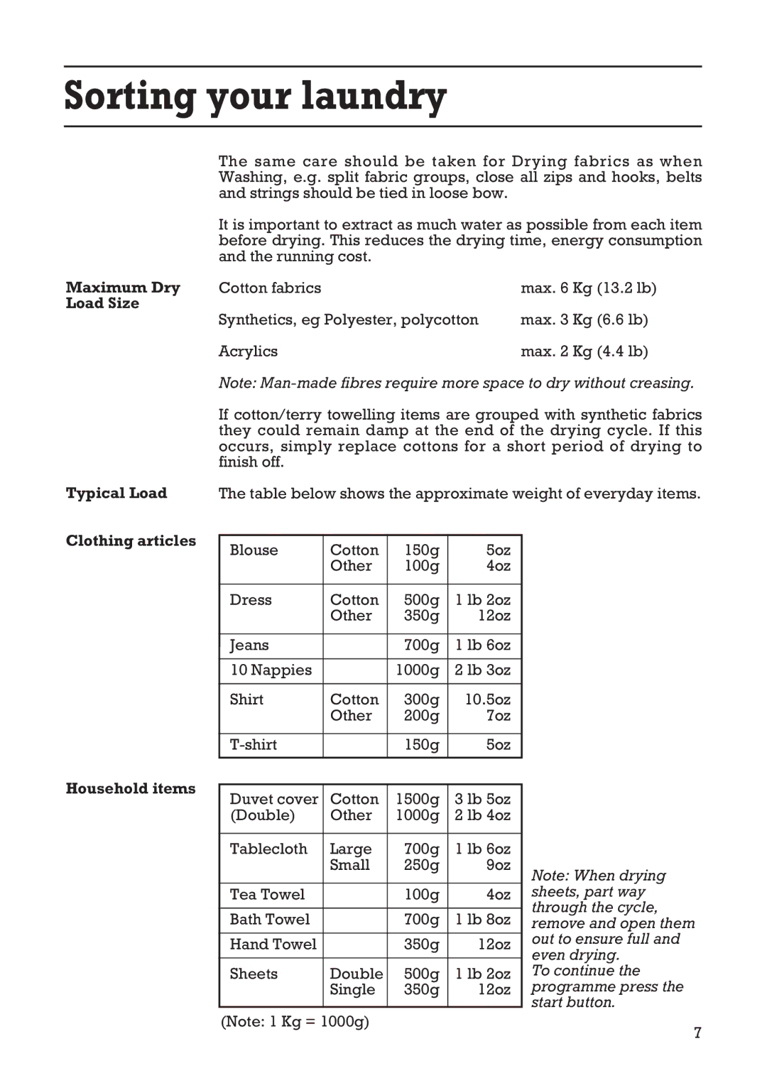 Creda Tumble Dryer manual Sorting your laundry, Maximum Dry Load Size Typical Load, Clothing articles Household items 