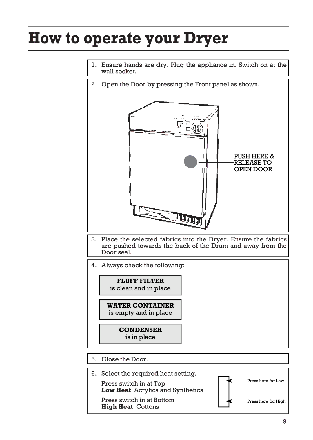 Creda Tumble Dryer manual How to operate your Dryer, Push Here Release to Open Door 