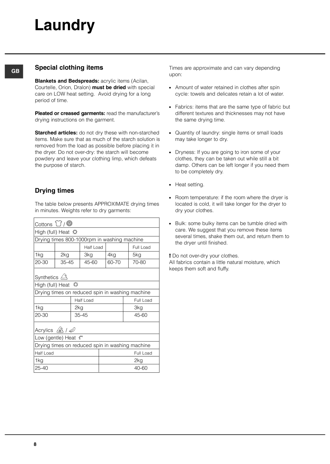 Creda TVS3 manual Special clothing items, Drying times 