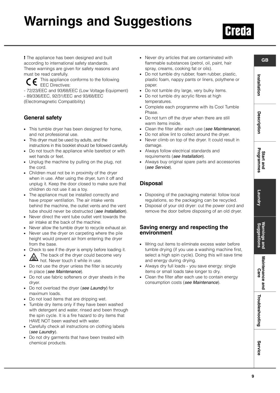 Creda TVS3 manual General safety, Disposal, Saving energy and respecting the environment 