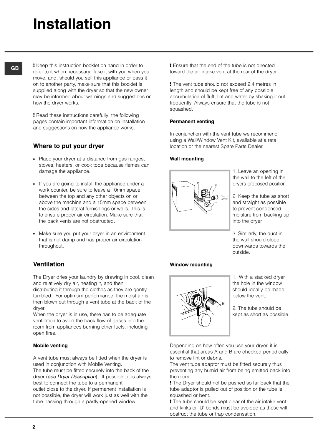 Creda TVS3 manual Installation, Where to put your dryer, Ventilation 