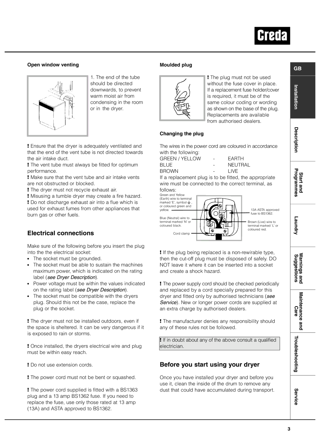 Creda TVS3 Electrical connections, Before you start using your dryer, Open window venting, Moulded plug, Changing the plug 