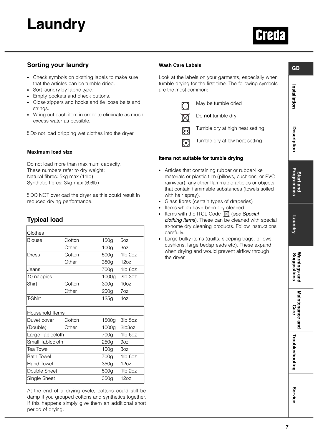 Creda TVS3 manual Laundry, Sorting your laundry, Typical load 