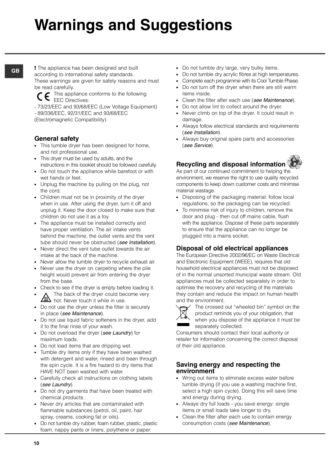 Creda TVU1 TVR2 manual General safety, Recycling and disposal information, Disposal of old electrical appliances 