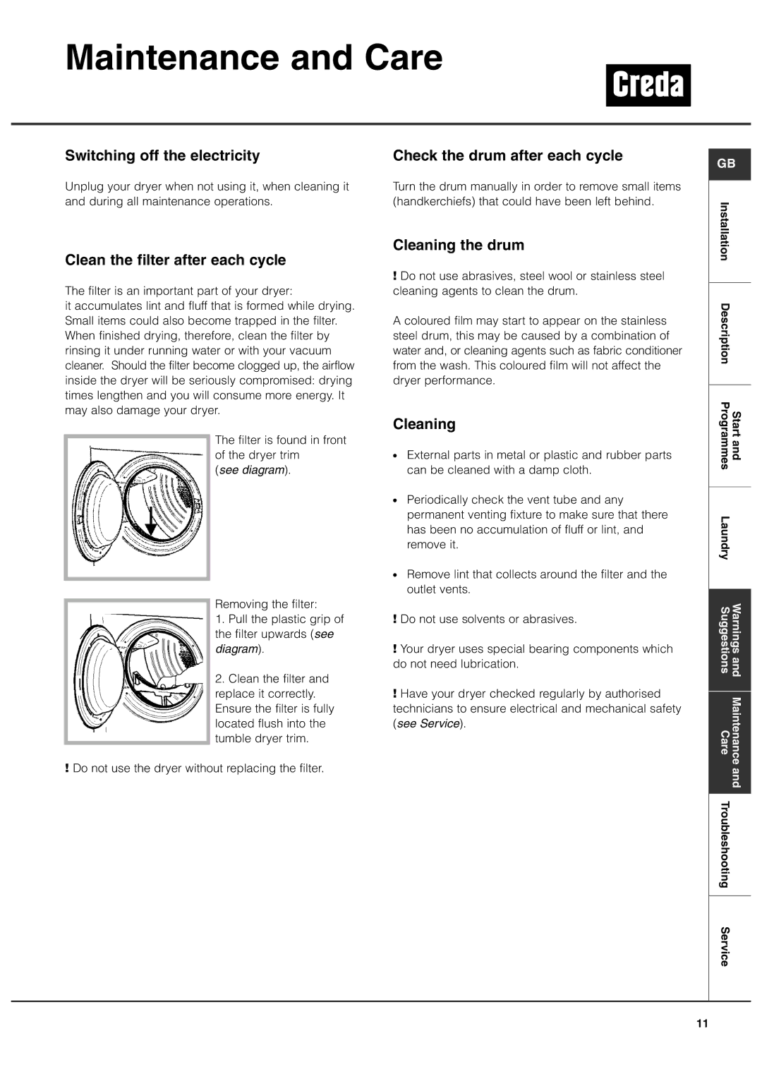 Creda TVU1 TVR2 manual Maintenance and Care 