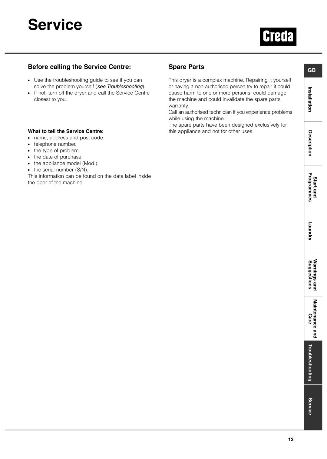 Creda TVU1 TVR2 manual Before calling the Service Centre, Spare Parts, What to tell the Service Centre 