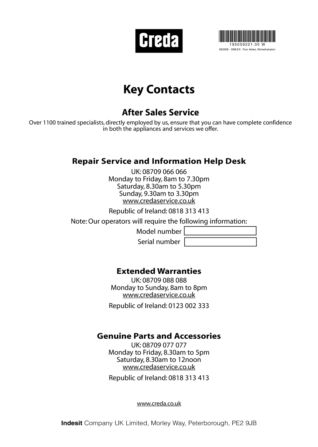 Creda TVU1 TVR2 manual Key Contacts 