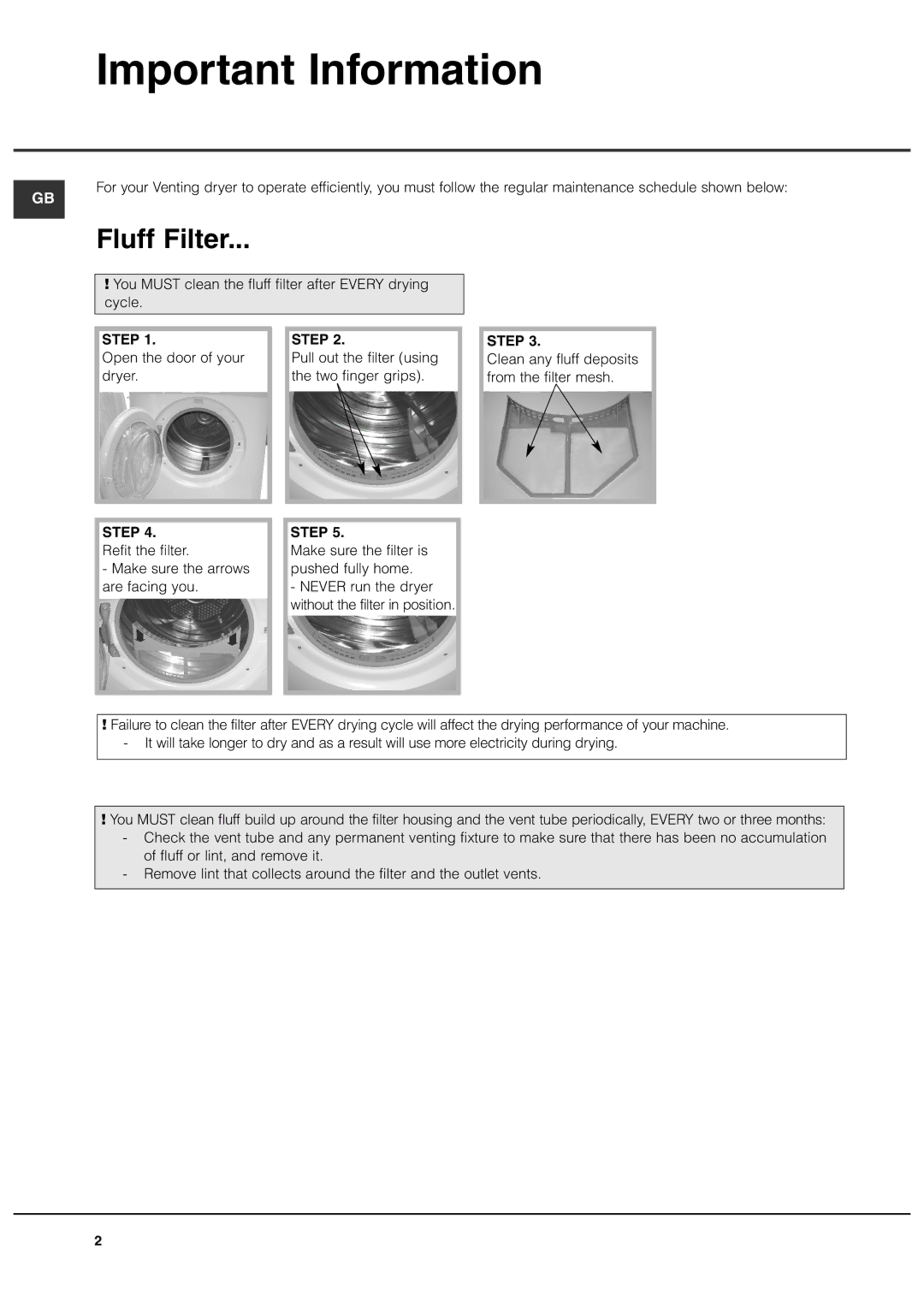 Creda TVU1 TVR2 manual Important Information, Fluff Filter 