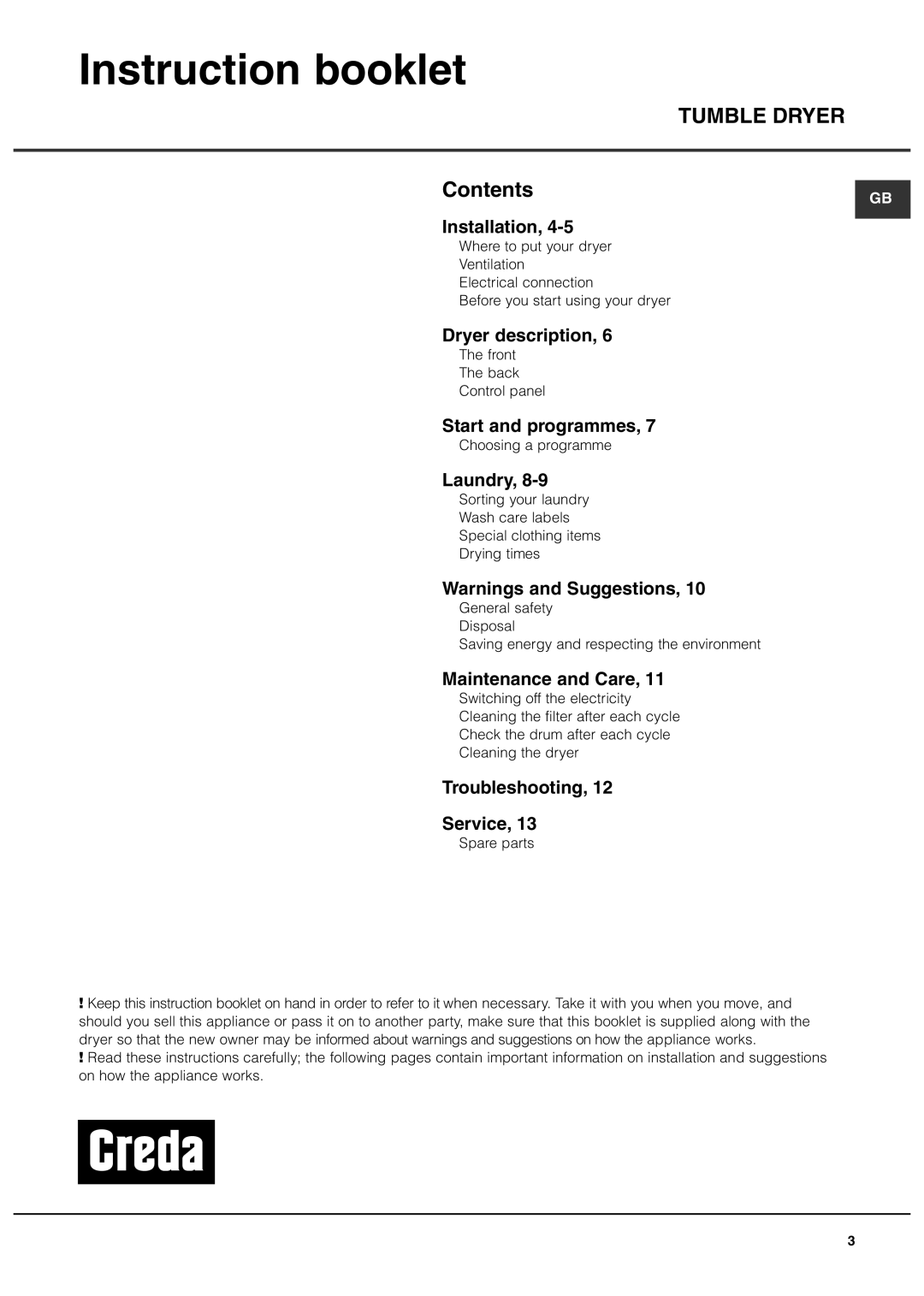 Creda TVU1 TVR2 manual Instruction booklet, Tumble Dryer 