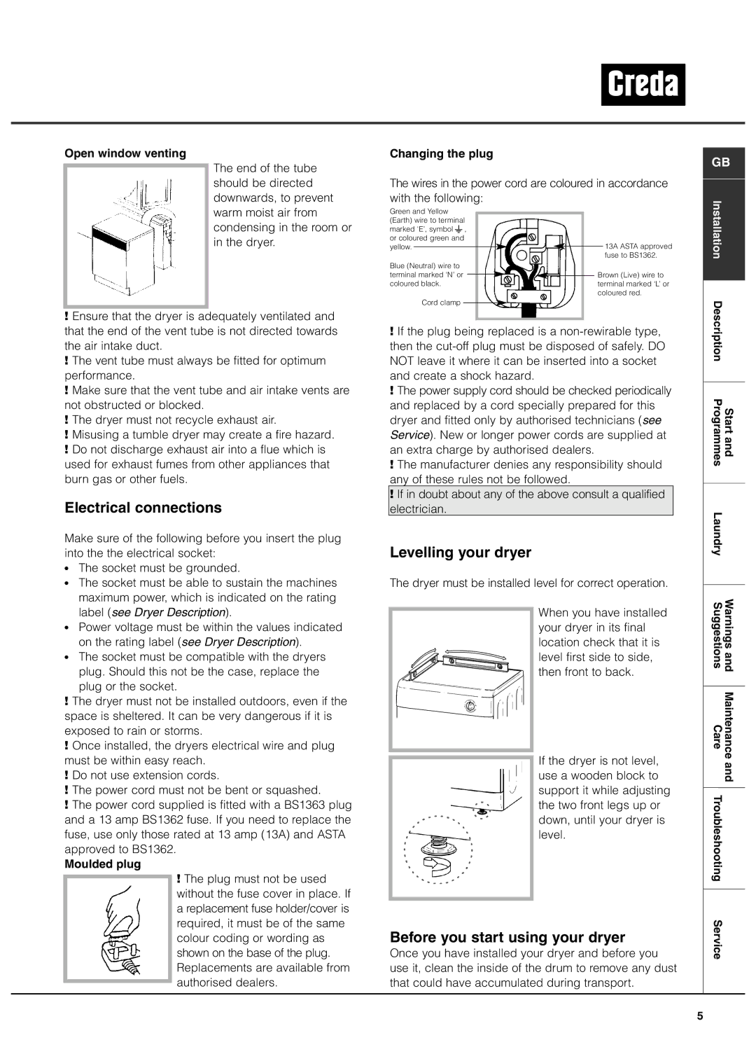 Creda TVU1 TVR2 manual Electrical connections, Levelling your dryer, Before you start using your dryer 