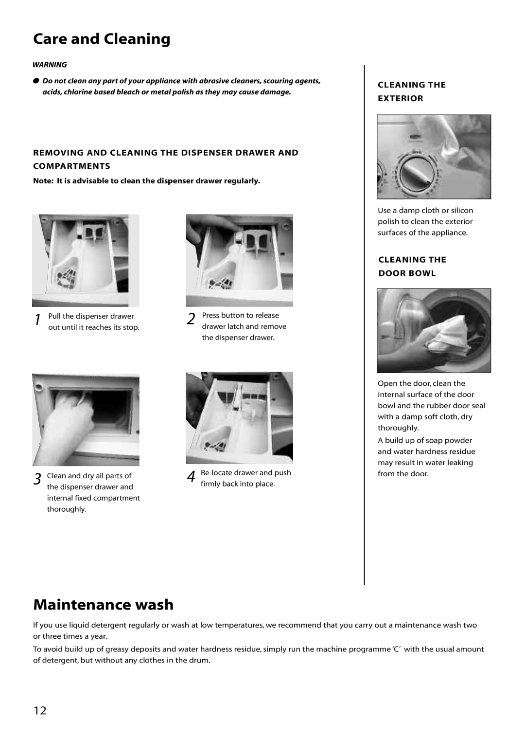 Creda W100FW, W120VW, W120FW Care and Cleaning, Maintenance wash, Removing and Cleaning the Dispenser Drawer Compartments 