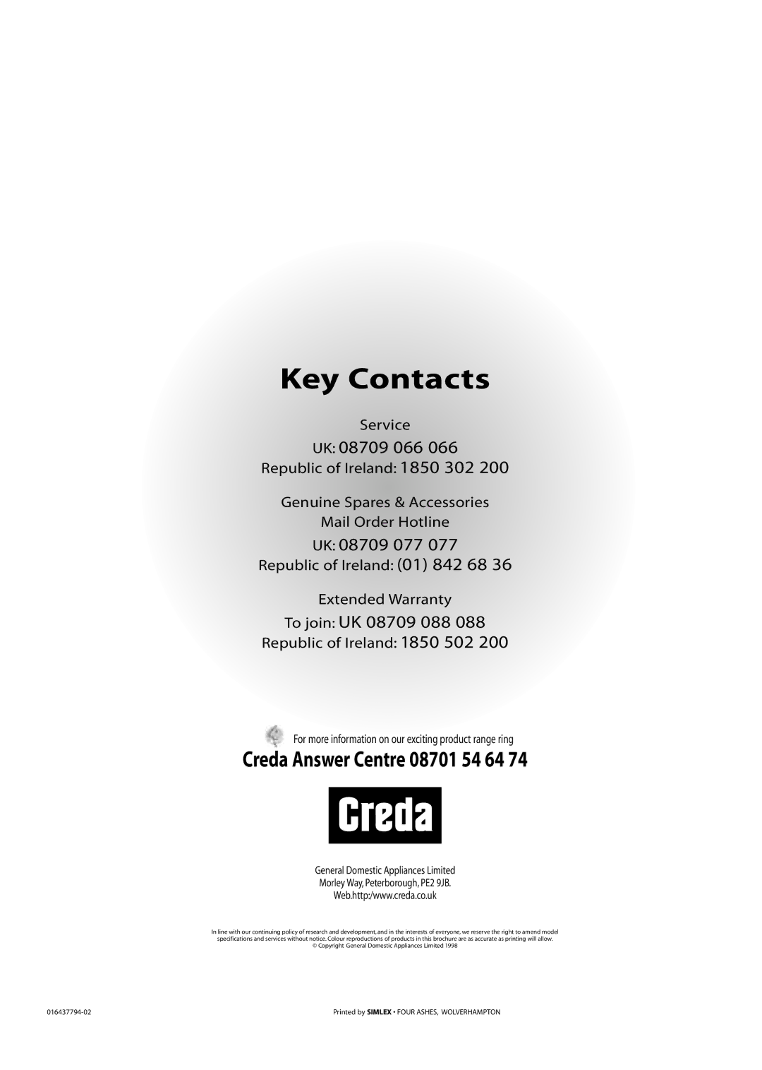 Creda W120VW, W100FW, W120FW manual Key Contacts, Creda Answer Centre 08701 54 64 