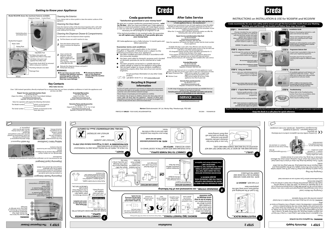 Creda W200FW manual Dispenser Drawer Control Panel, Hooked End Support Mains Cable Rating Plate Adjustable Feet, 09/2004 
