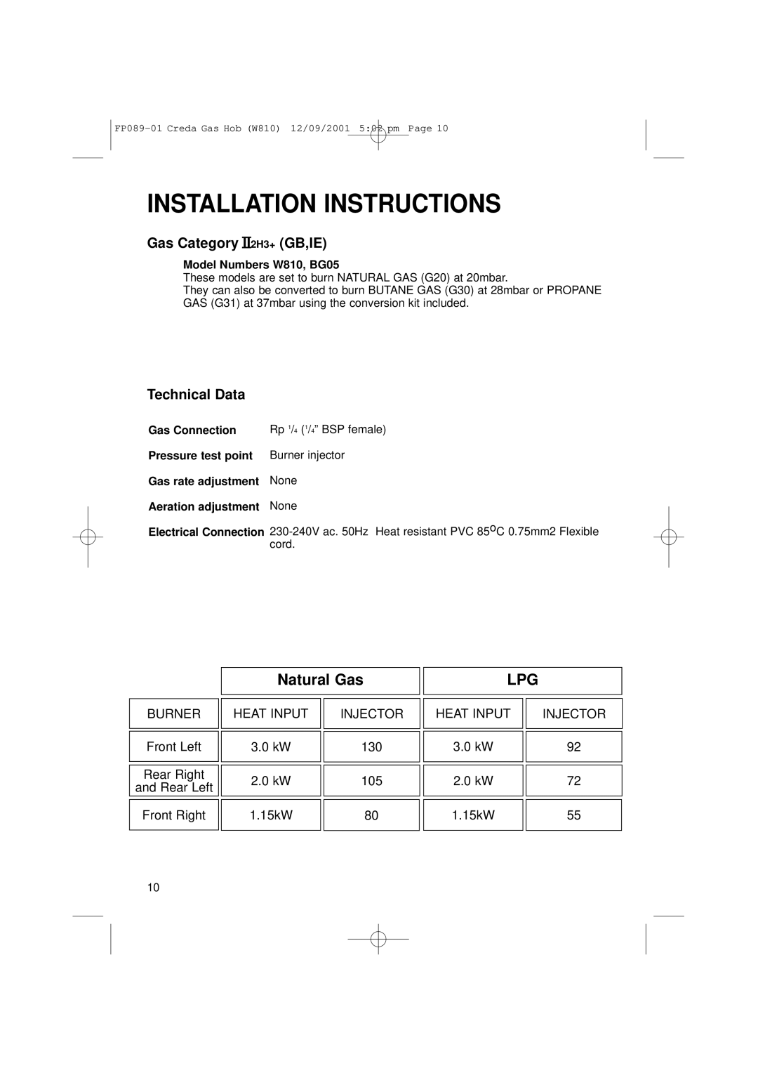 Creda W810 manual Installation Instructions, Gas Category II2H3+ GB,IE 