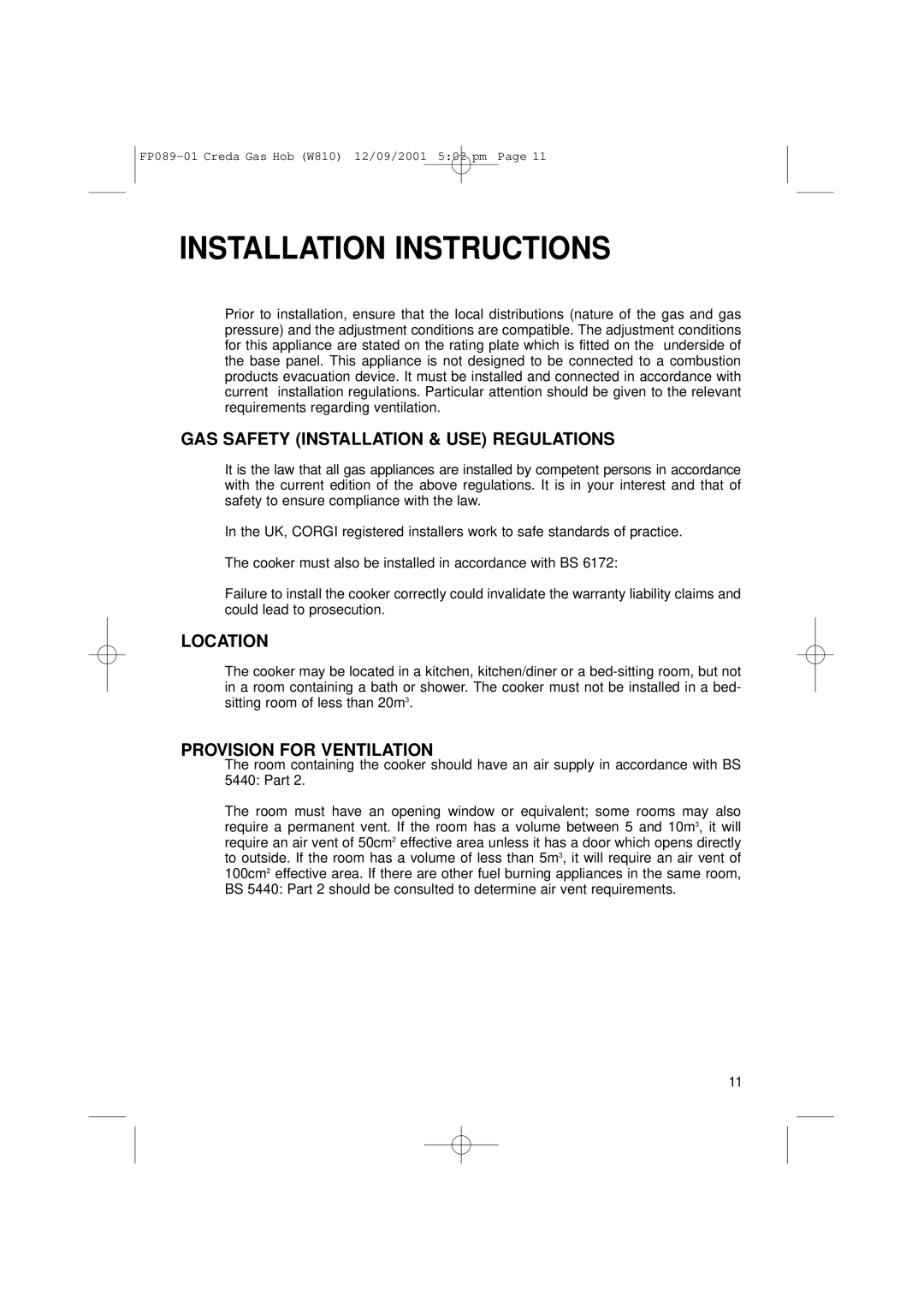 Creda W810 manual GAS Safety Installation & USE Regulations, Location, Provision for Ventilation 