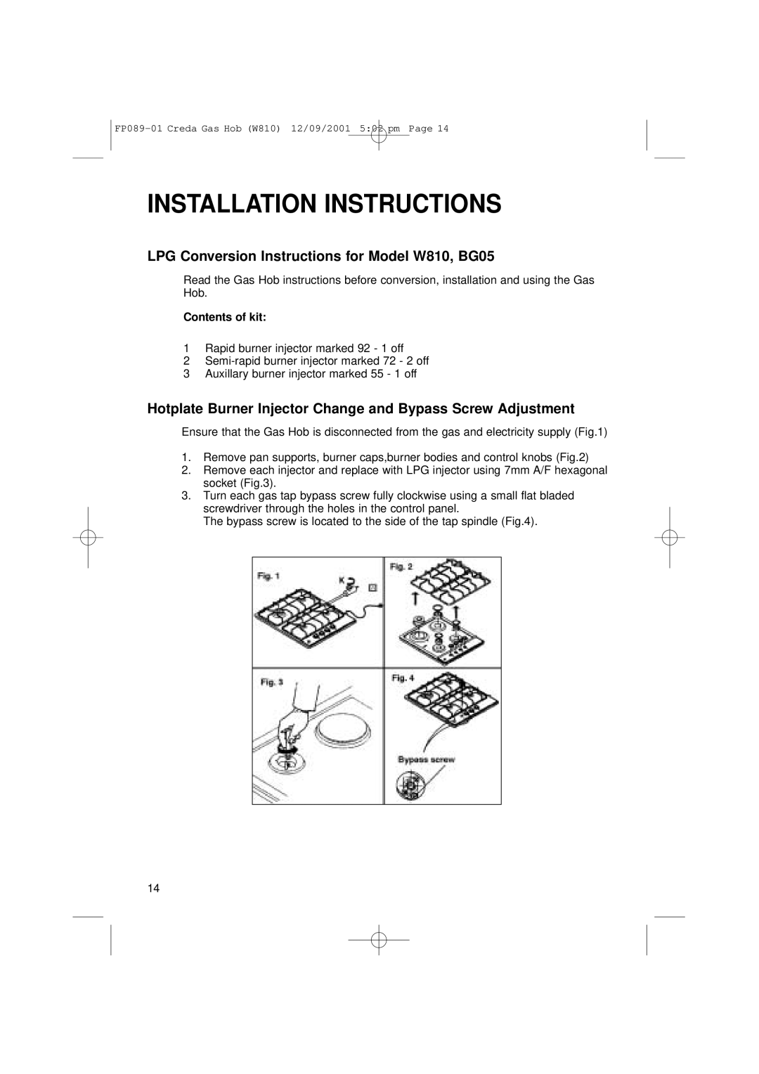 Creda manual LPG Conversion Instructions for Model W810, BG05 