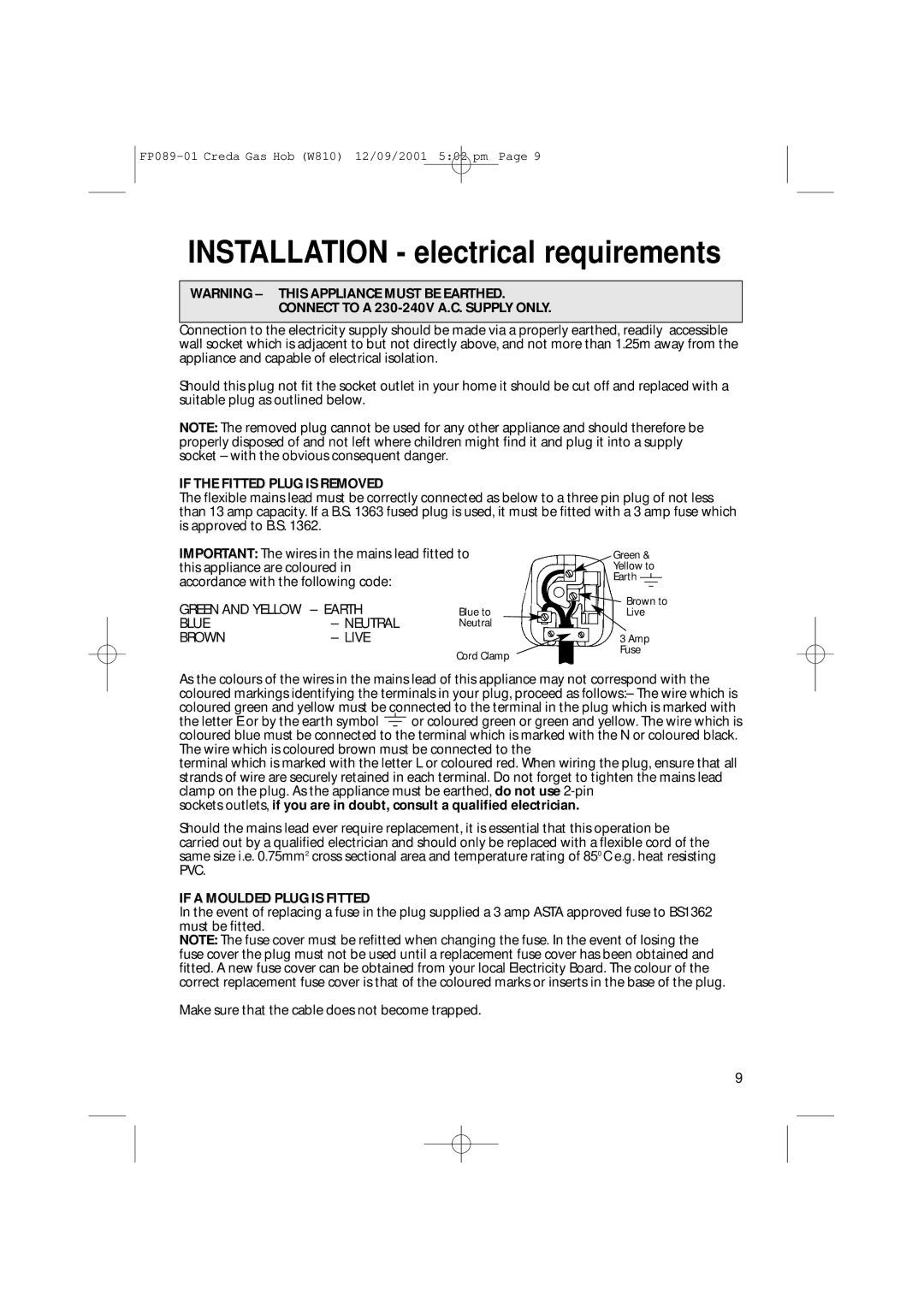 Creda W810 manual Installation electrical requirements 